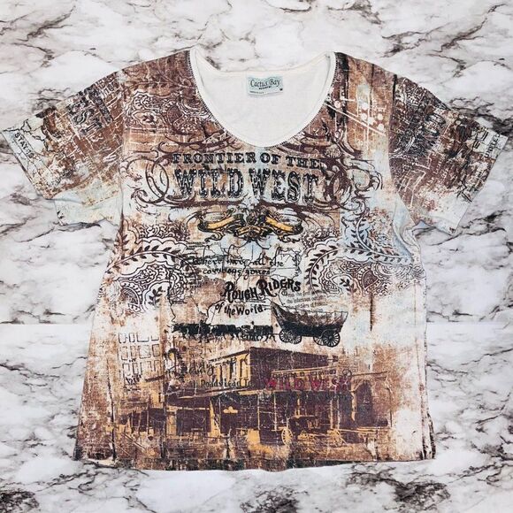 Cactus Bay Tops - Cactus Bay Short Sleeve Shirt Graphic Wild West Tan Women M Western Cowgirl